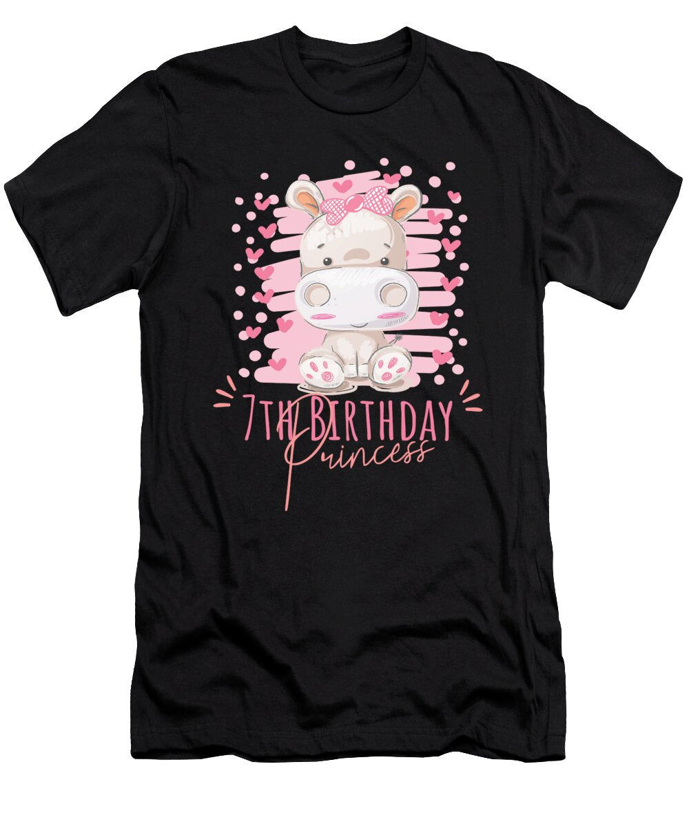 7th Birthday Princess Girl 7 Years Old Hippo Lover Bday Graphic Art Grabitees T-Shirt