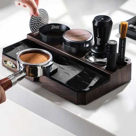 Multifunctional Espresso Tamper Mat & Portafilter Station – Wood Grain Design (51/53/58mm)