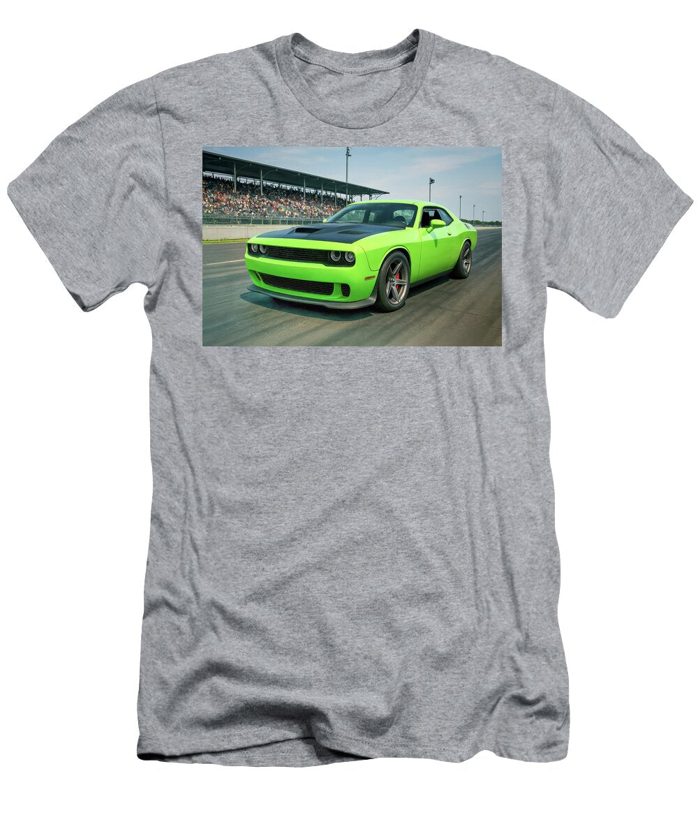 Green Dodge Challenger Srt Hellcat on Racetrack with Spectators John Kirkland T-Shirt