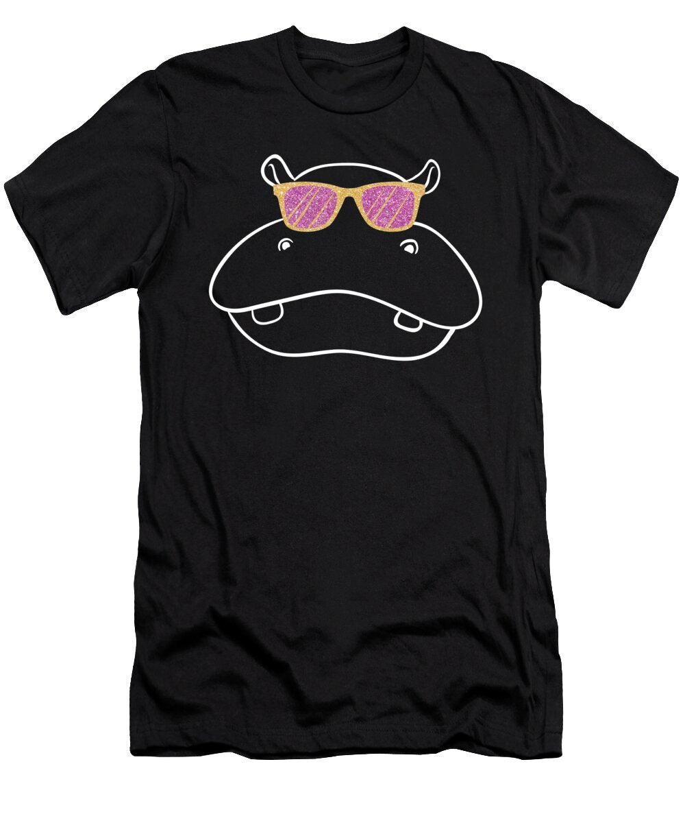 Hippopotamus Wearing Sunglasses Graphic Faux Glitter Noirty Designs T-Shirt