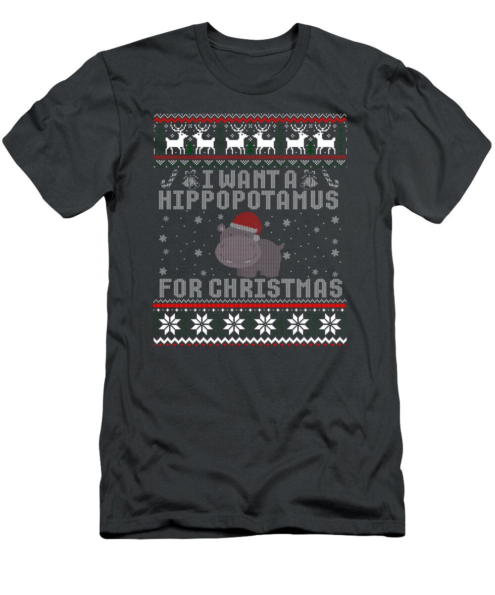 I Want a Hippopotamus for Christmas Hippo Ugly Sweater Amber Rhaia T-Shirt