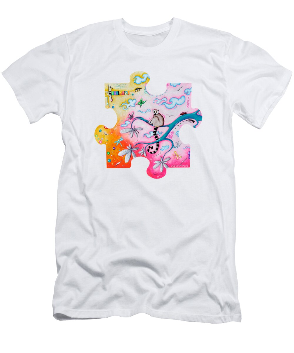 Original Lemur Puzzle Piece Painting Endangered Animal Whimsical Pop Art a Never Ending Story Megan Duncanson T-Shirt